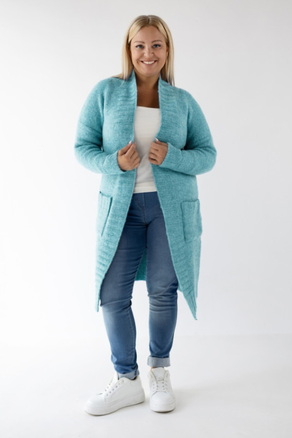 Długi sweter kardigan w kolorze turkusowym z kieszeniami cziro