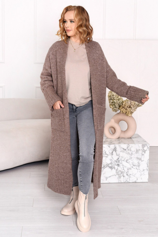 Długi kardigan damski w kolorze mokka z kieszeniami havier