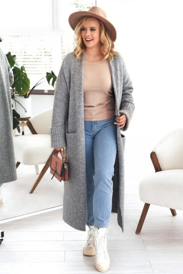 Długi sweter kardigan damski w kolorze ciemno szarym z kieszeniami havier