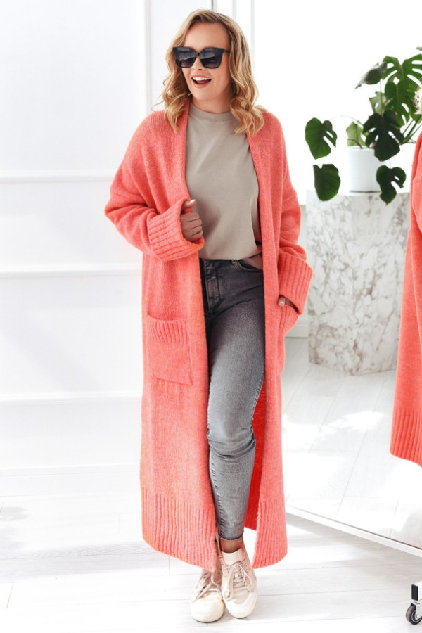 Długi kardigan damski w kolorze koral z kieszeniami havier