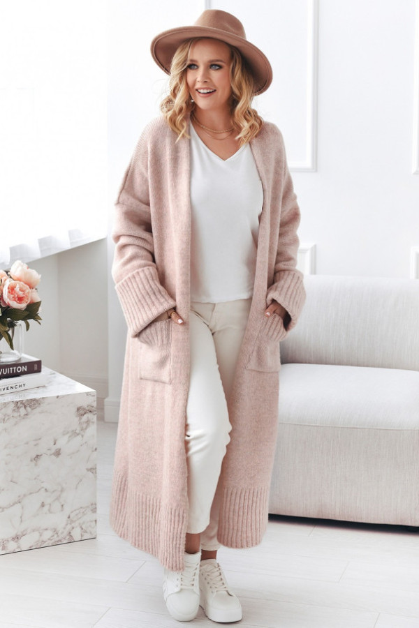 Długi kardigan damski w kolorze pudrowym z kieszeniami havier