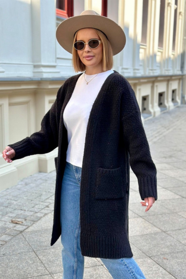 Sweter kardigan w kolorze czarnym ozdobny wzór kieszenie raul