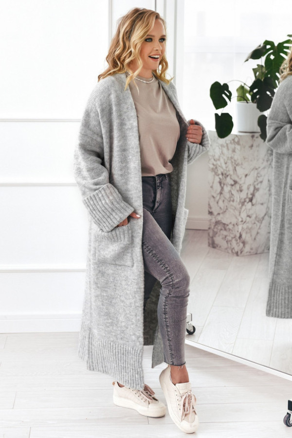 Długi sweter kardigan damski w kolorze szarym z kieszeniami havier
