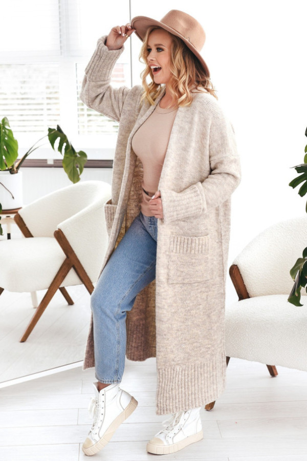 Długi sweter kardigan damski w kolorze beżowym z kieszeniami havier