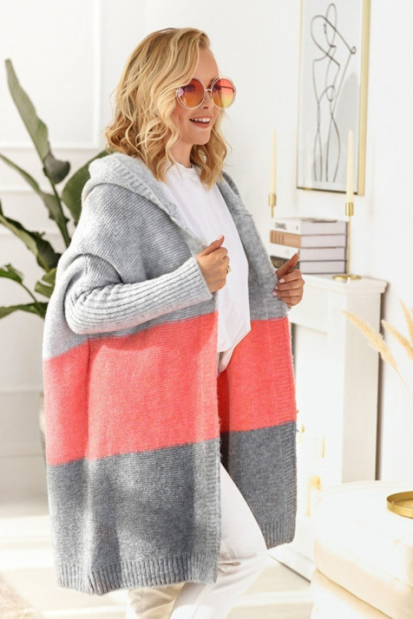 Długi kardigan oversize trio w kolorze szary - koral z kapturem almer