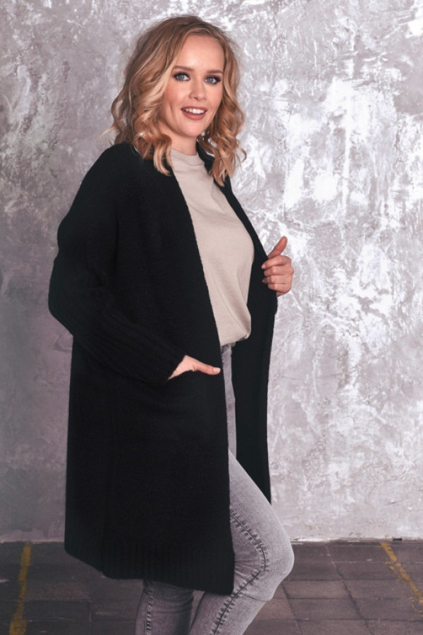 Kardigan sweter damski w kolorze czarnym z kieszeniami narzutka berni
