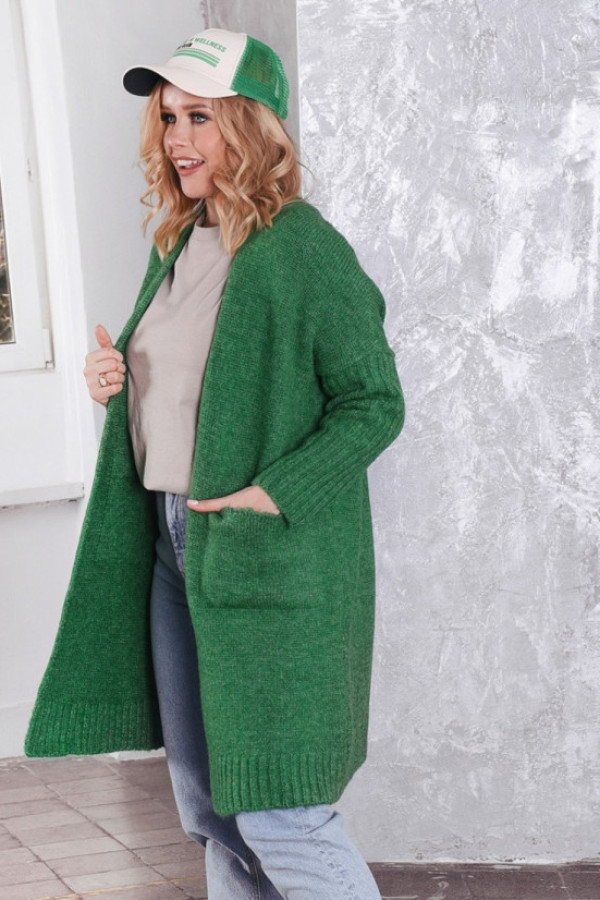 Kardigan sweter damski w kolorze zielonym z kieszeniami narzutka berni