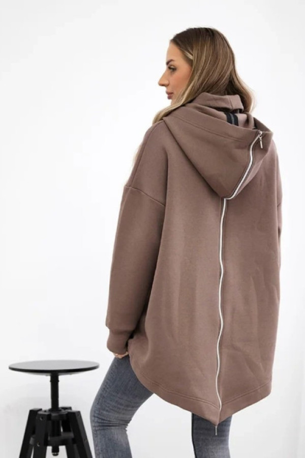 Ocieplana bluza damska w kolorze mokka z kapturem dłuższy tył zamek begun