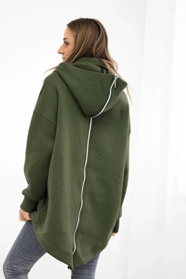 Ocieplana bluza damska w kolorze khaki z kapturem dłuższy tył zamek begun