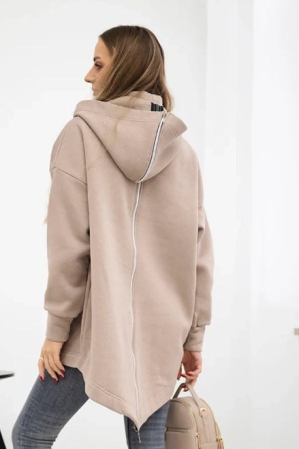 Ocieplana bluza damska w kolorze ciemno beżowym z kapturem dłuższy tył zamek begun