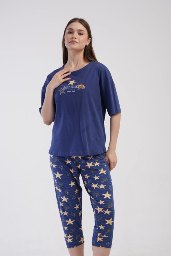 Piżama damska plus size w kolorze granatowym komplet t-shirt + spodnie 3/4 rozgwiazdy ornella