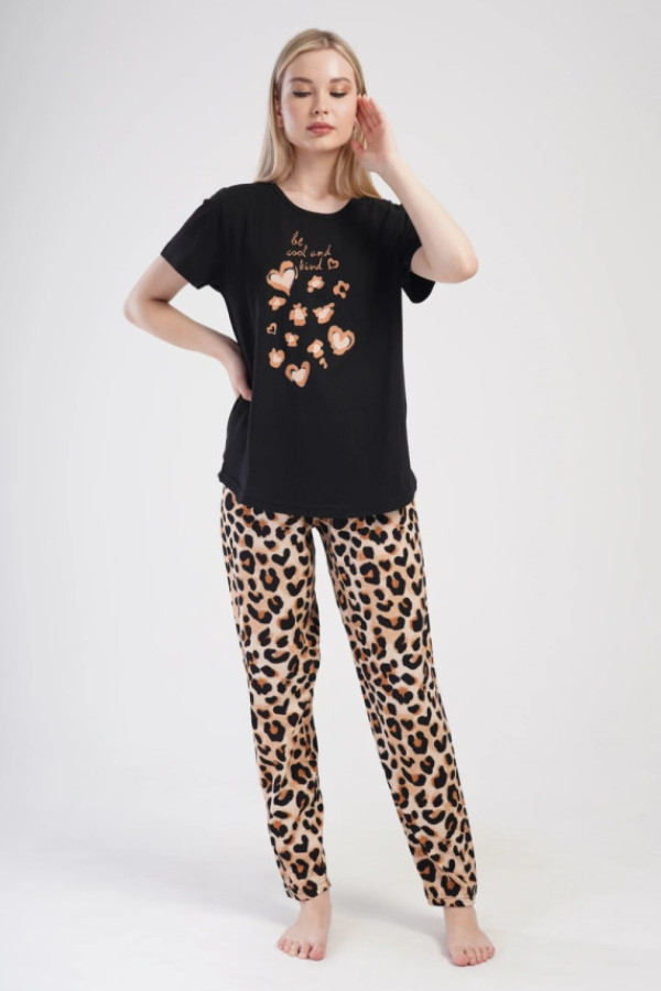 Piżama damska plus size w kolorze czarnym komplet t-shirt + spodnie wzór panterki sandy