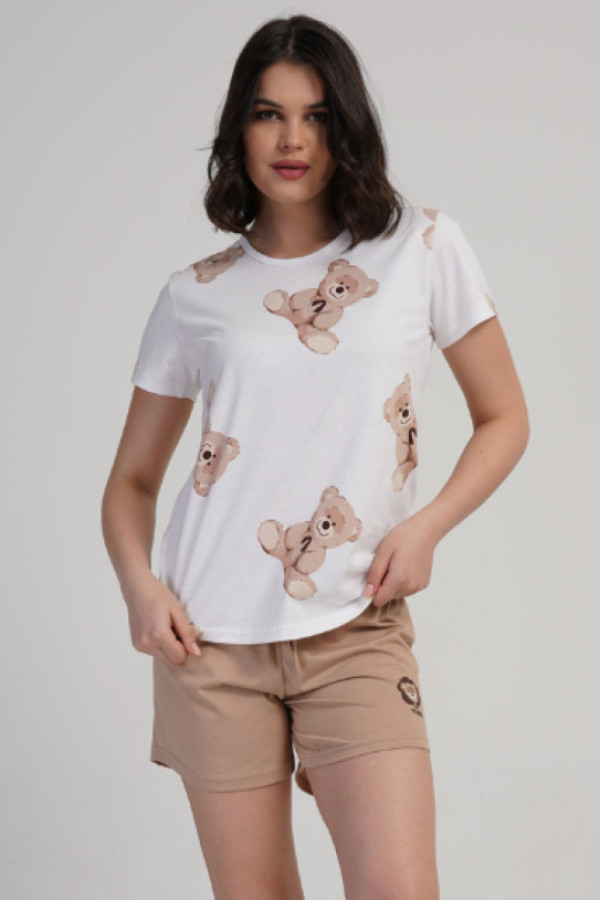 Piżama damska w kolorze białym komplet t-shirt + szorty misie say