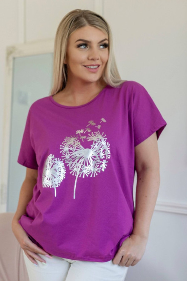 T-shirt damski plus size w kolorze magenta okrągły dekolt srebrny nadruk dmuchawce addy