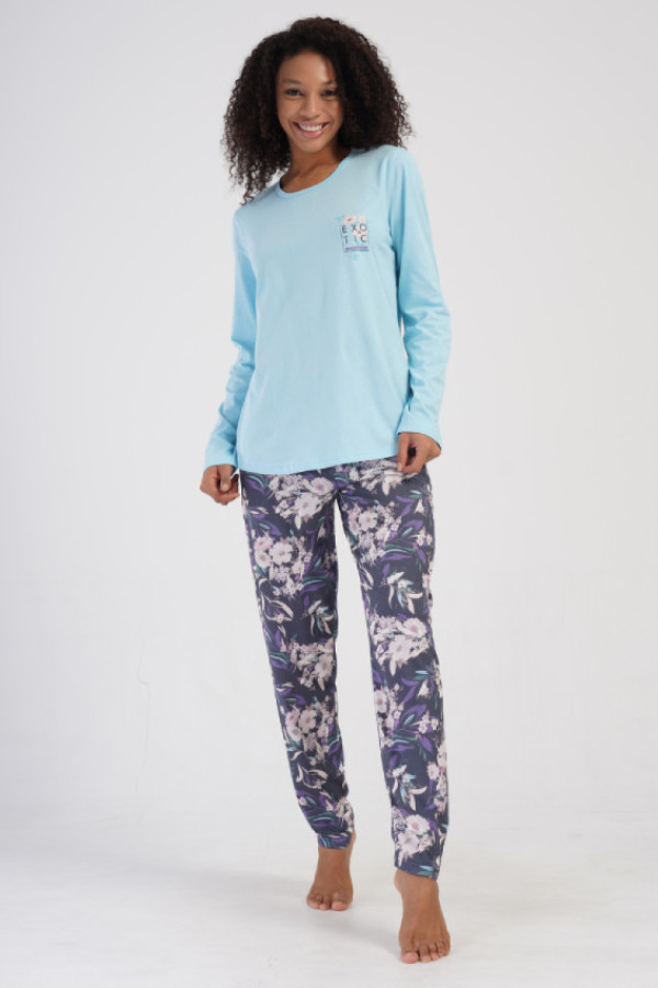 Piżama damska plus size w kolorze błękitnym komplet bluzka + spodnie kwiaty dona