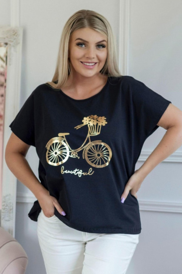 T-shirt damski plus size w kolorze czarnym okrągły dekolt złoty nadruk rower