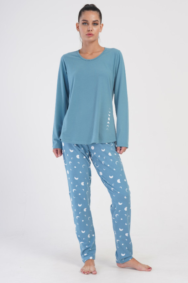 Milutka piżama damska plus size w kolorze niebieskim komplet bluzka + spodnie księżyc lyla