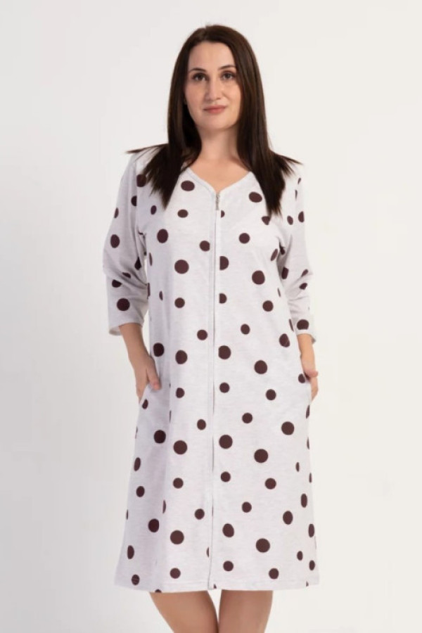 Szlafrok damski plus size na zamek w kolorze beżowym melanż grochy teresa