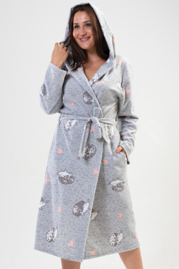 Milutki szlafrok damski plus size w kolorze szarym w jeżyki