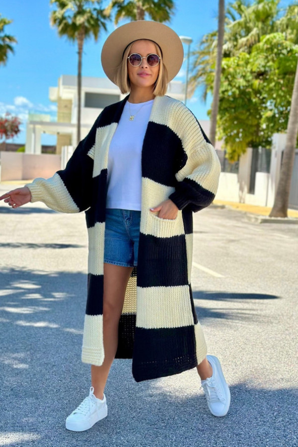 Długi kardigan w kolorze kremowo-czarnym z kieszeniami munir