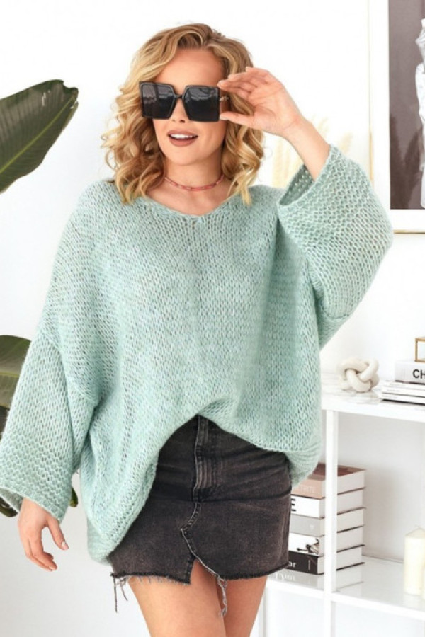 Sweter damski oversize w kolorze szałwiowym melanż dekolt w serek rachel