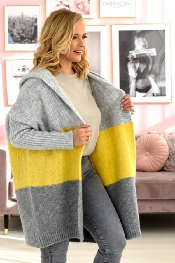 Długi kardigan oversize trio w kolorze szary - żółty z kapturem almer