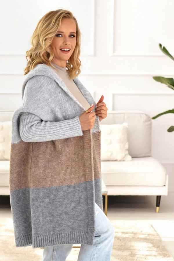 Długi kardigan oversize trio w kolorze szary - beż latte z kapturem almer