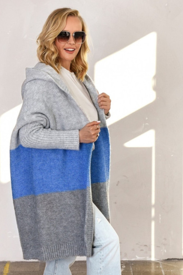 Długi kardigan oversize trio w kolorze szary - niebieski z kapturem almer