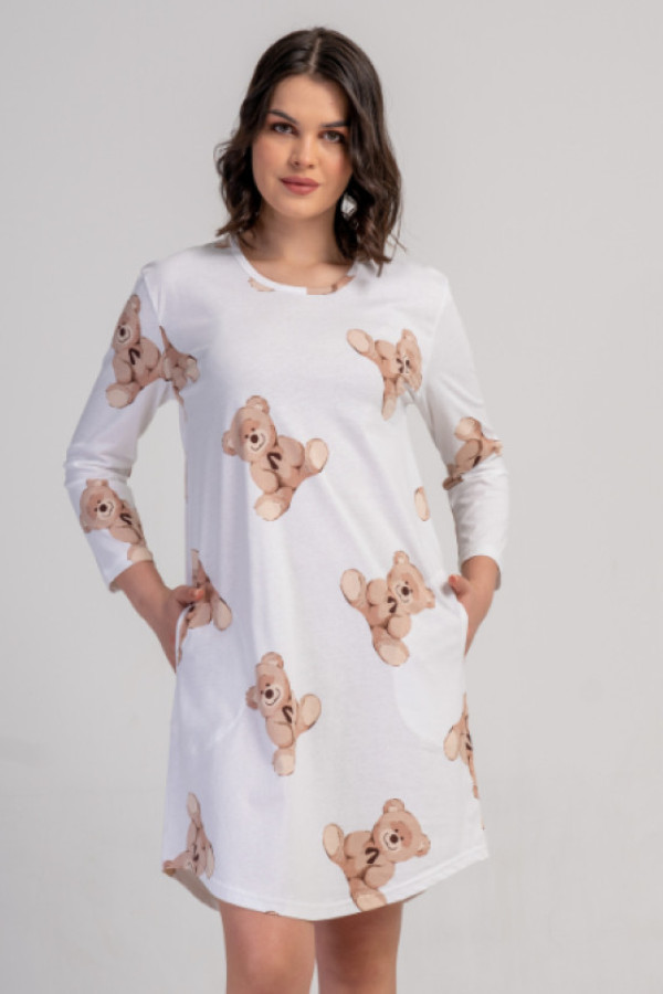 Koszula nocna plus size w kolorze białym w beżowe misie z kieszeniami