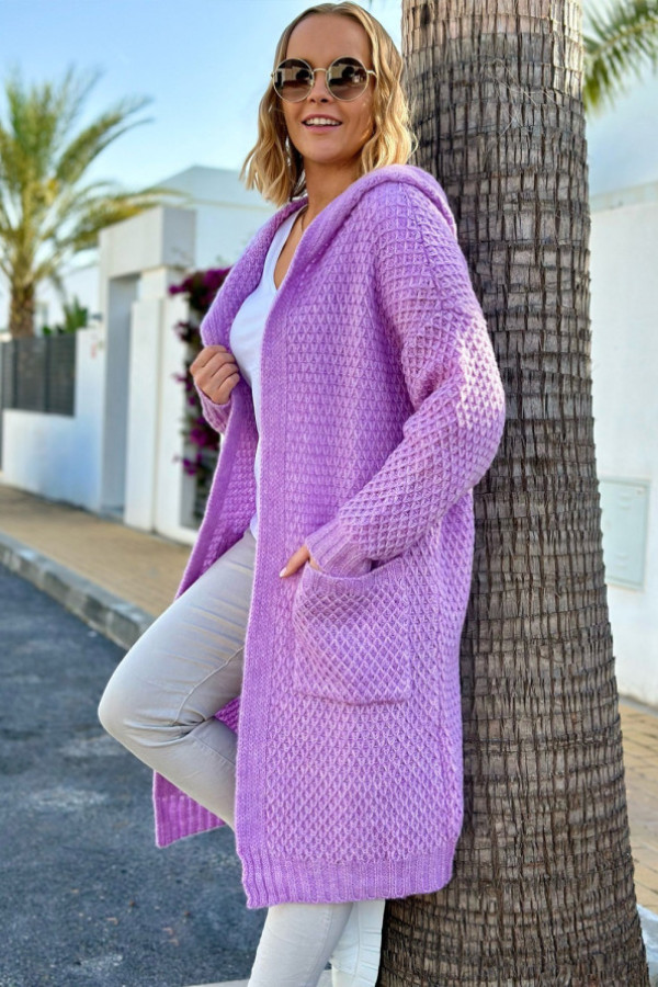 Długi kardigan sweter oversize w kolorze fioletowym z kapturem darryl