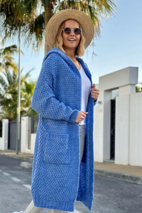 Długi kardigan sweter oversize w kolorze niebieskim z kapturem darryl
