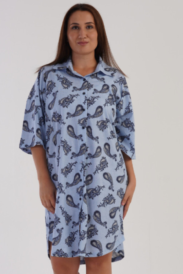 Rozpinana koszula nocna plus size w kolorze niebieskim z kołnierzykiem