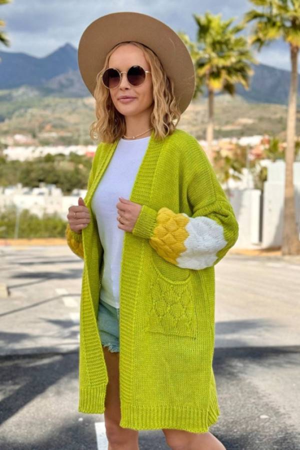 Sweter kardigan w kolorze limonkowym ozdobne rękawy alicja