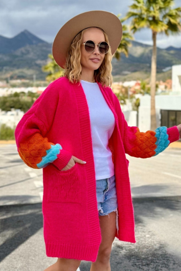 Sweter kardigan w kolorze fuksji ozdobne rękawy alicja