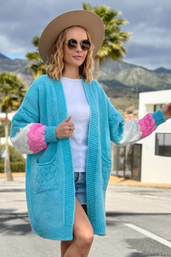 Sweter kardigan w kolorze turkusowym ozdobne rękawy alicja