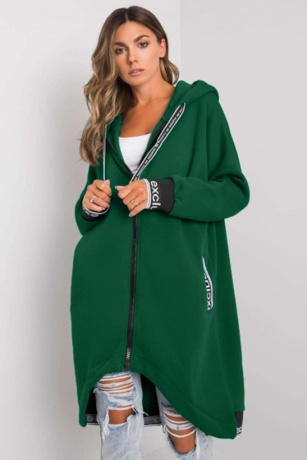 Dresowy płaszczyk bluza damska w kolorze butelkowej zieleni z kapturem narzutka zamek taśmy