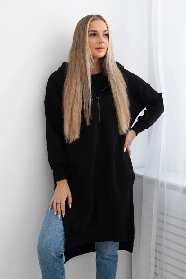 Ciepła długa bluza z kapturem w kolorze czarnym rozcięcia fuzy
