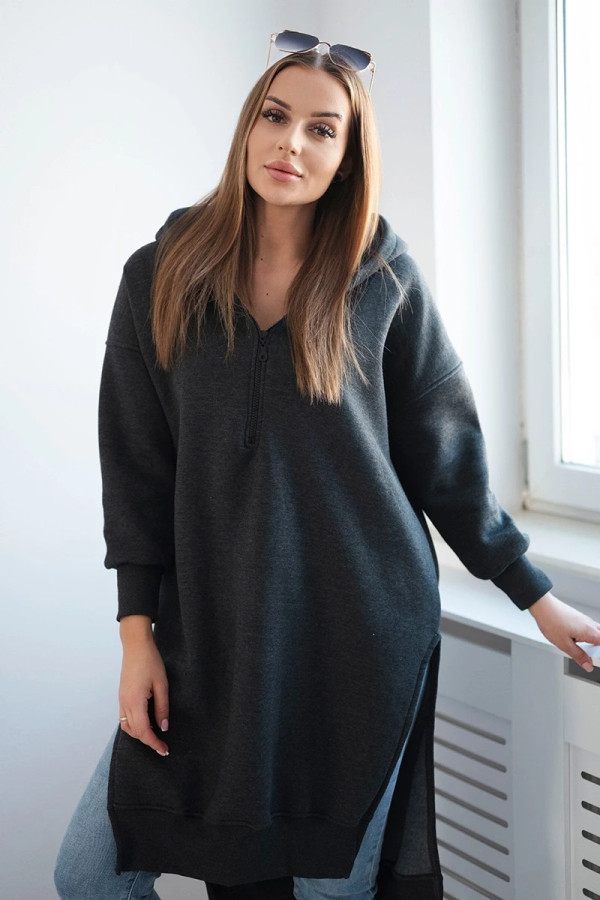 Ciepła długa bluza z kapturem w kolorze grafitowym rozcięcia fuzy