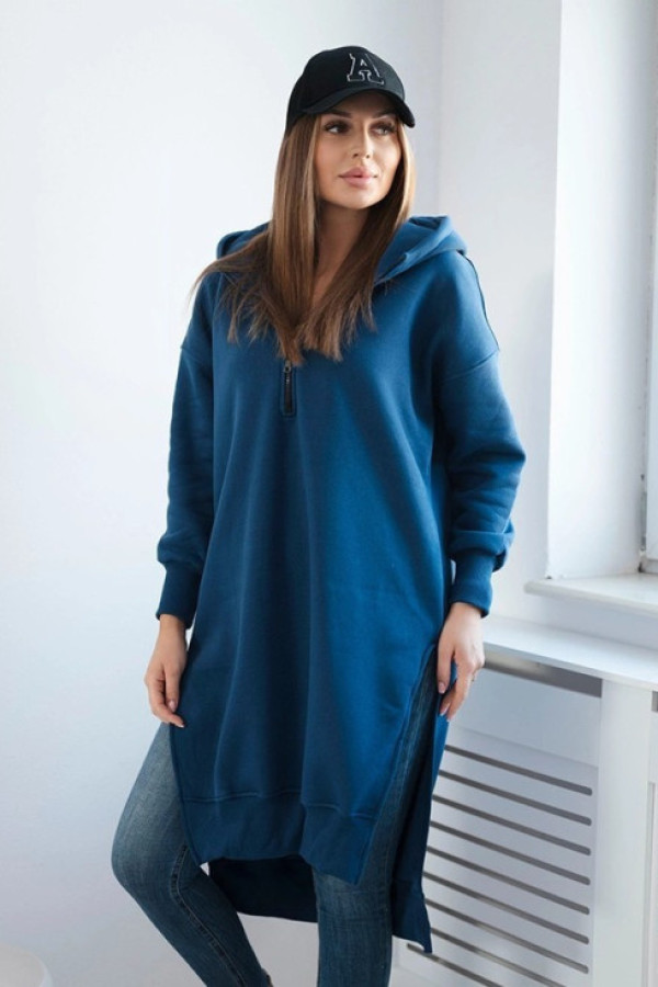 Ciepła długa bluza z kapturem w kolorze jeansowym rozcięcia fuzy
