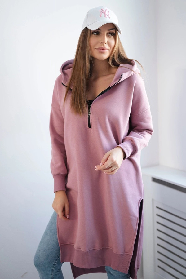 Ciepła długa bluza z kapturem w kolorze brudnego różu rozcięcia fuzy