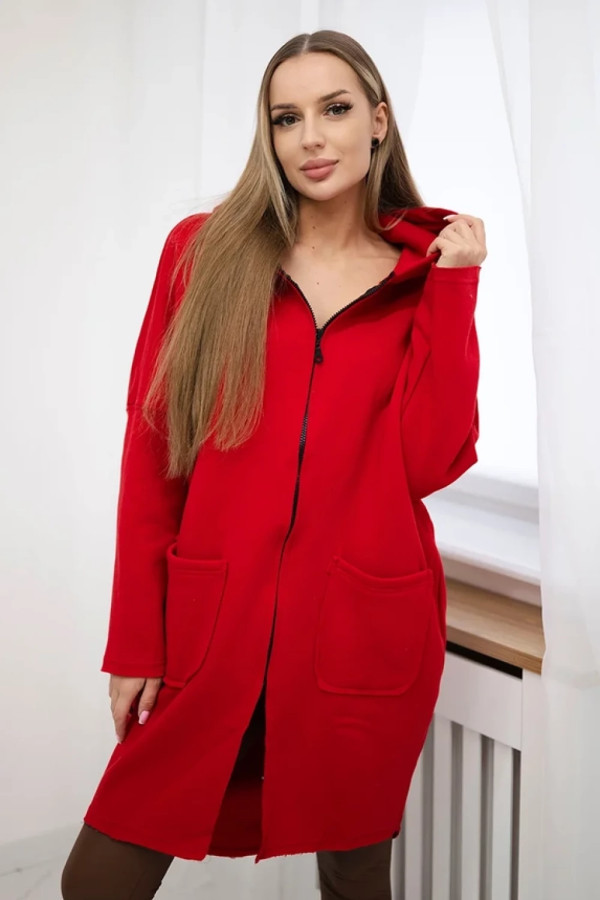 Bluza damska plus size w kolorze czerwonym zamek kaptur kieszenie dłuższy tył luci