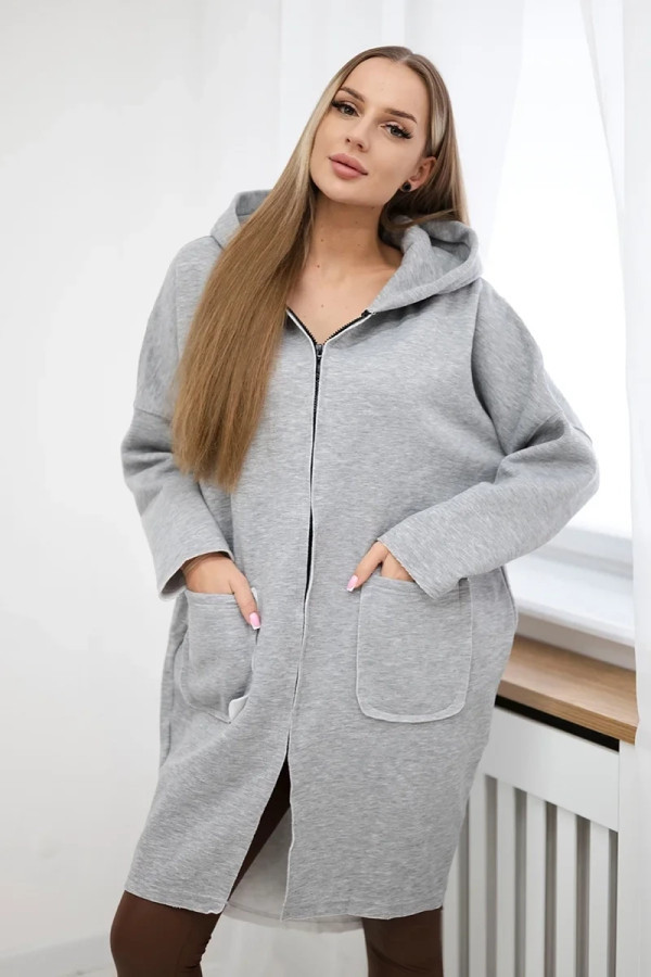 Bluza damska plus size w kolorze szarym zamek kaptur kieszenie dłuższy tył luci