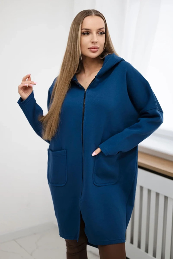 Bluza damska plus size w kolorze jeansowym zamek kaptur kieszenie dłuższy tył luci