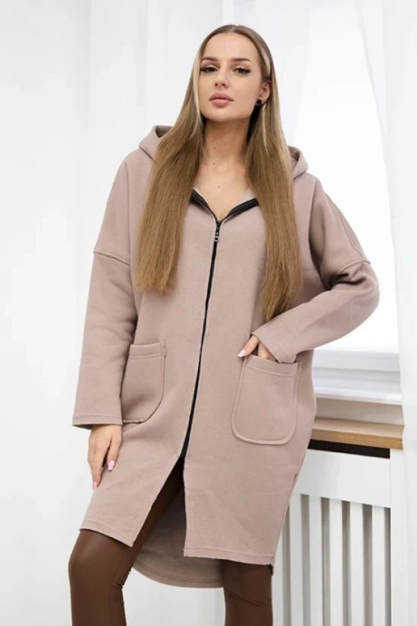 Bluza damska plus size w kolorze beżowym zamek kaptur kieszenie dłuższy tył luci