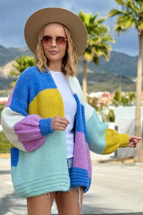 Sweter kardigan oversize w kolorze ecru + niebieski pato