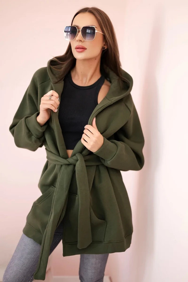 Narzutka wiązana w pasie plus size w kolorze khaki z kieszeniami kaptur morkel