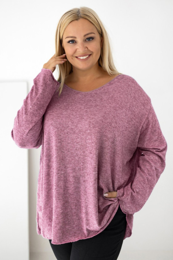 Milutki sweter damski oversize w kolorze magenta melanż dekolt w serek inka