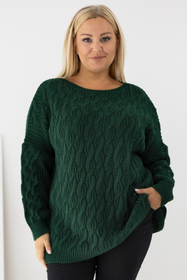 Sweter damski oversize w kolorze butelkowym długi rękaw ozdobny splot liliana