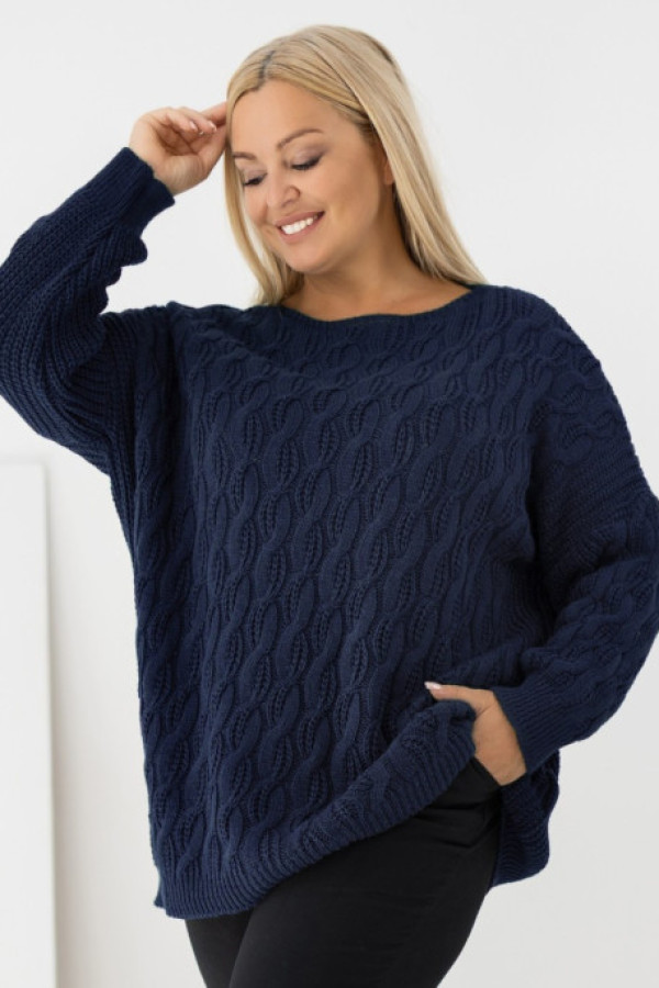 Sweter damski oversize w kolorze granatowym długi rękaw ozdobny splot liliana
