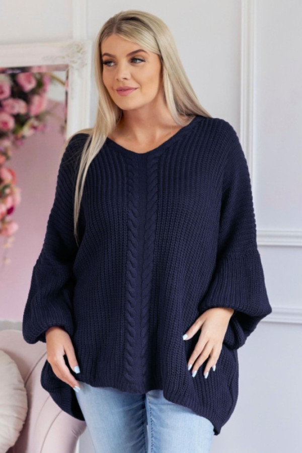 Mega oversize sweter damski w kolorze granatowym dekolt v wzór melena